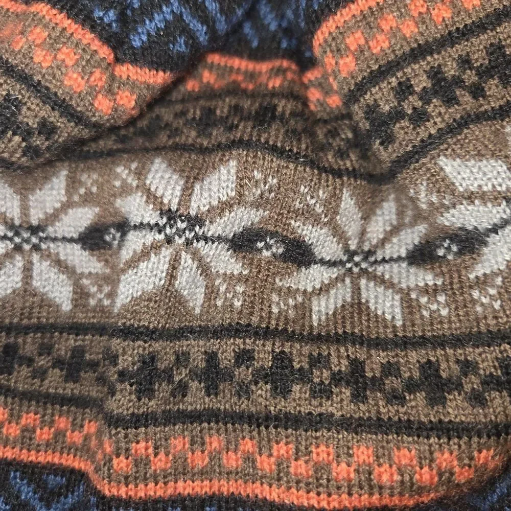 Turtle Fur Merino Wool Blend Beanie Hat Brown Fair Isle Snowflake Fleece Lined